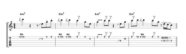 Example 5: As the chords reach the turnaround, ready to start the 12-bar sequence again, a simple staccato beginning builds in rhythmic complexity towards bar 4.
